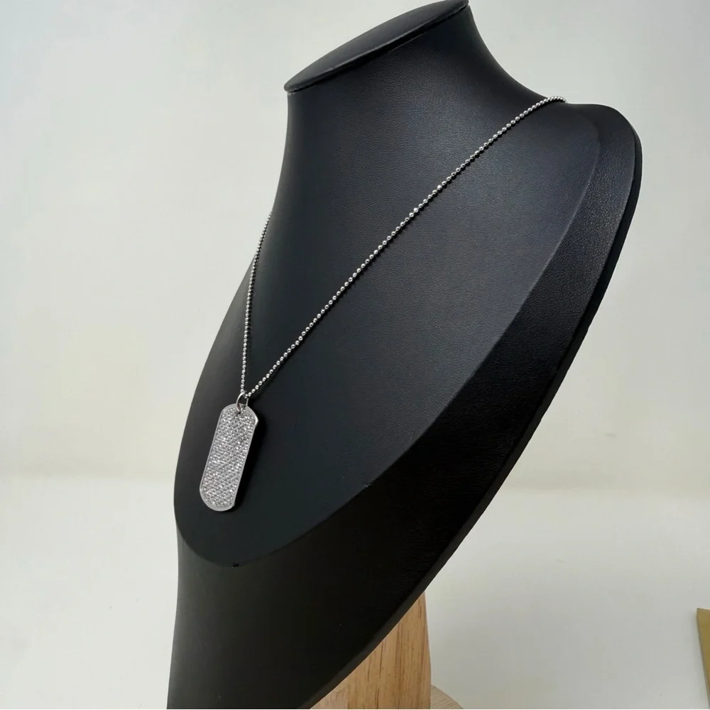 925 Sterling Silver CZ Dog Tag Necklace Made in Turkey Ball Chain Unisex Pendant